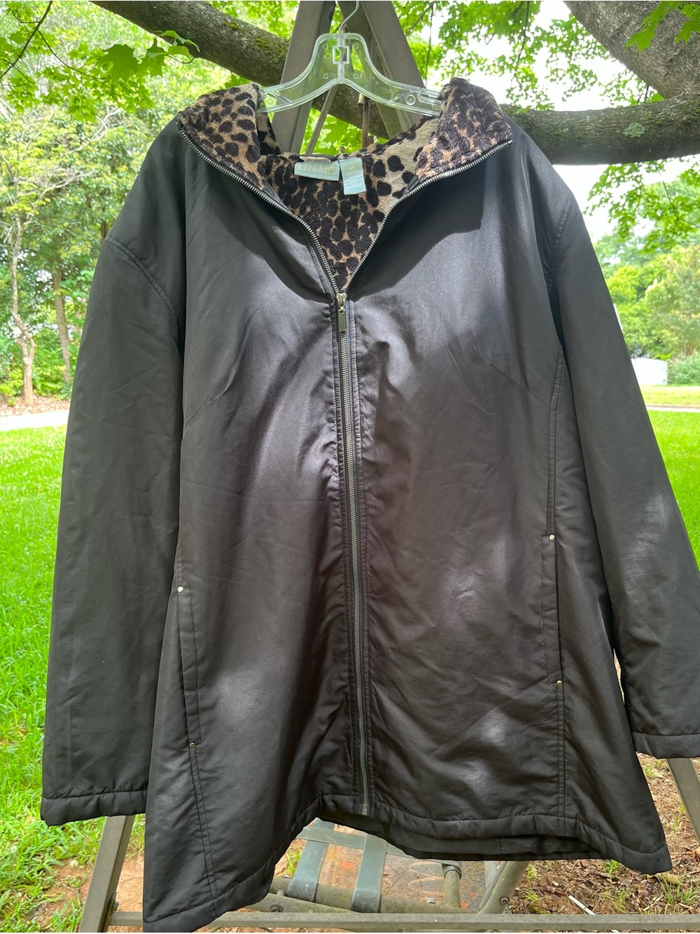 Liz & Me Women’s Black Zip-Front Coat with Leopard Collar Hood Plus Size 4X